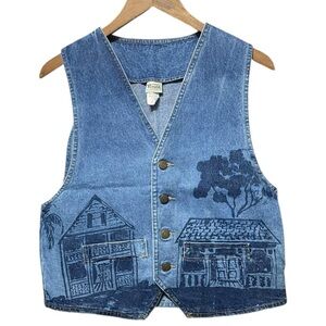 Rare Vintage 80s 90s Vivaldi Jeanswear Trees houses wrap around Denim Jean Vest